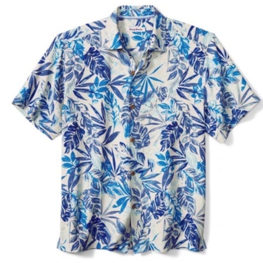 Tommy Bahama Blue Tropical Leaf Sandy Cape‎ Vines Short Sleeve Shirt men Med NWT